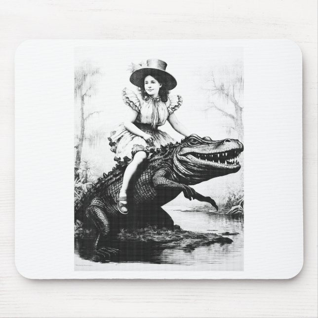 Girl Riding Alligator _ Weird Funny Florida Crocod Mouse Mat (Front)