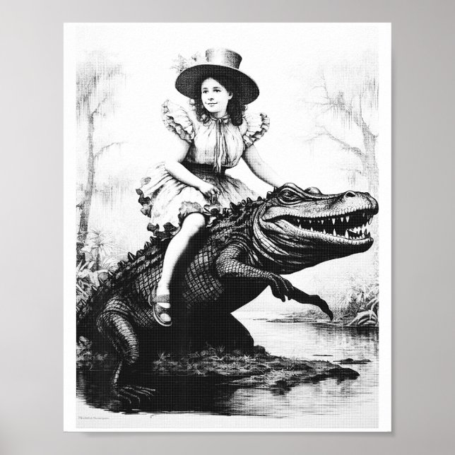 Girl Riding Alligator _ Weird Funny Florida Crocod Poster (Front)