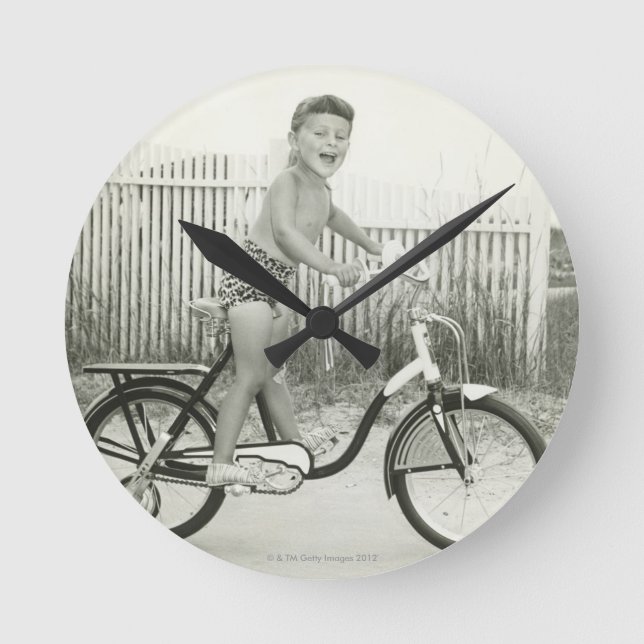 Girl Riding Bicycle Round Clock (Front)