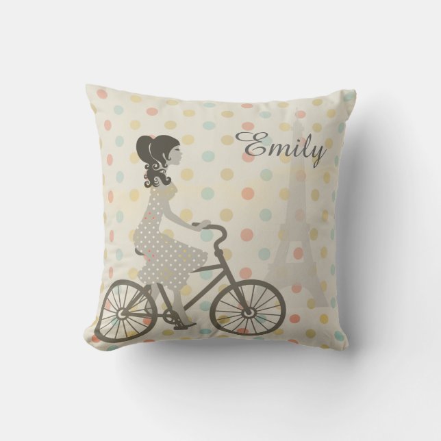 Girl Riding Bike in Paris Polka Dot Personalised Cushion (Front)