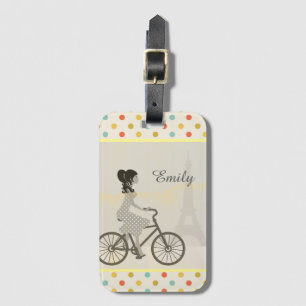 Girl Riding Bike in Paris Polka Dot Personalised Luggage Tag