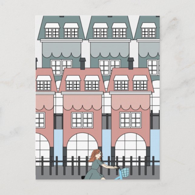 Girl Riding Bike Past Amsterdam Tall Houses Art Postcard (Front)
