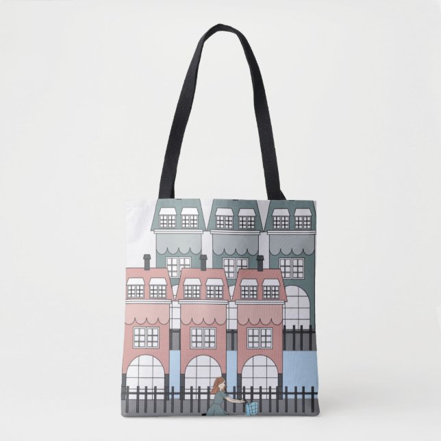 Girl Riding Bike Past Amsterdam Tall Houses Art Tote Bag (Front)