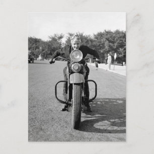Girl Riding Motorcycle, 1937 Postcard