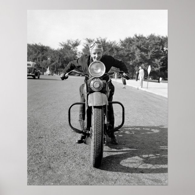 Girl Riding Motorcycle, 1937. Vintage Photo Poster (Front)