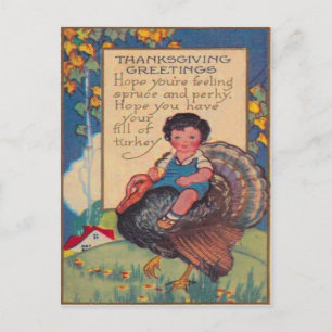 Girl Riding Turkey Postcard
