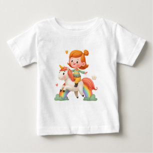 Girl Riding Unicorn Over Rainbow – Cute Fantasy Baby T-Shirt