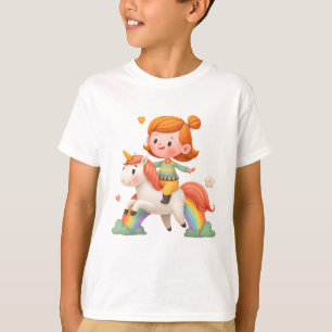 Girl Riding Unicorn Over Rainbow – Cute Fantasy T-Shirt