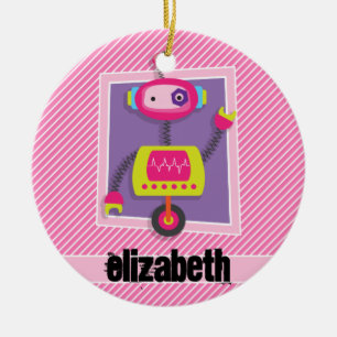 Girl Robot; Pink & White Stripes Ceramic Tree Decoration