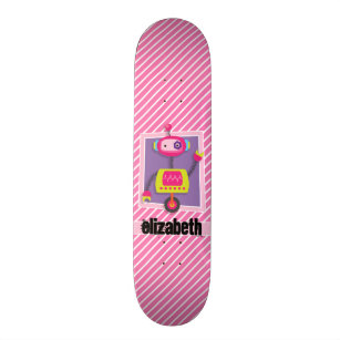 Girl Robot; Pink & White Stripes Skateboard