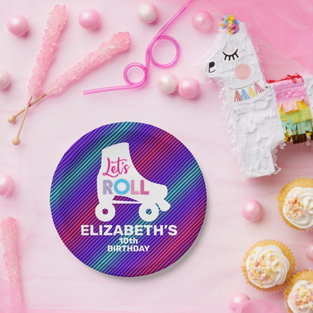 Girl Roller Skating Birthday Let's Roll Paper Plate (Party)