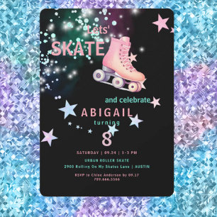  Girl Roller Skating Black Neon 8th Birthday Party Invitation