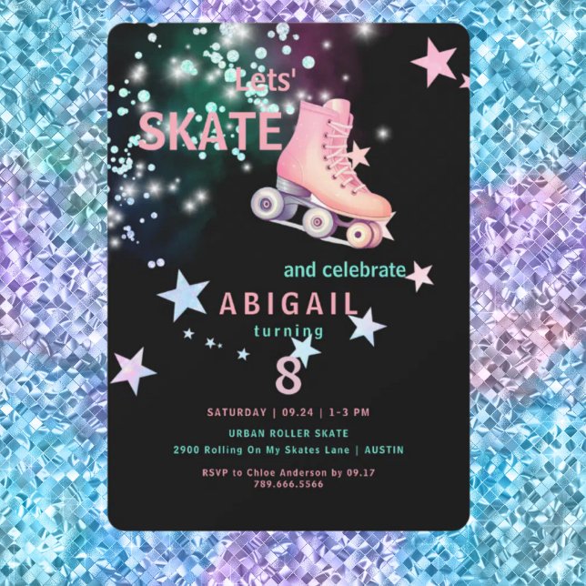  Girl Roller Skating Black Neon 8th Birthday Party Invitation (Creator Uploaded)