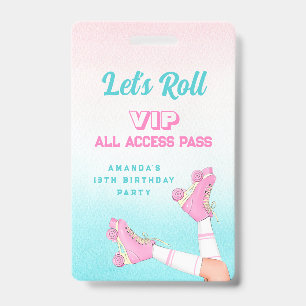 Girl Roller Skating Pink and Blue Birthday VIP ID Badge