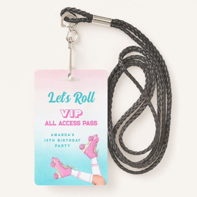 Girl Roller Skating Pink and Blue Birthday VIP ID Badge (Front with Lanyard)