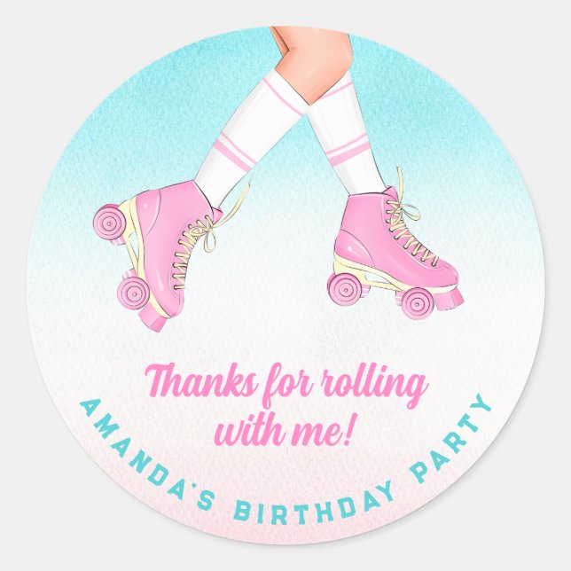 Girl Roller Skating Pink and Blue Thank You Classic Round Sticker (Front)