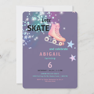  Girl Roller Skating Purple Neon Birthday Party Invitation