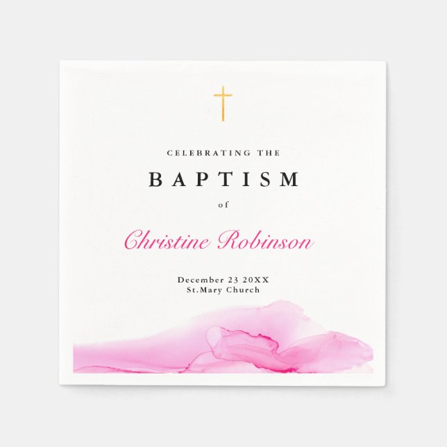 Girl Rose Ink Christening Baptism Gold Cross Napkin (Front)