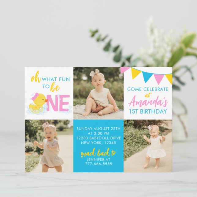 Girl Rubber Duck 3 Photo Birthday Invitation (Standing Front)