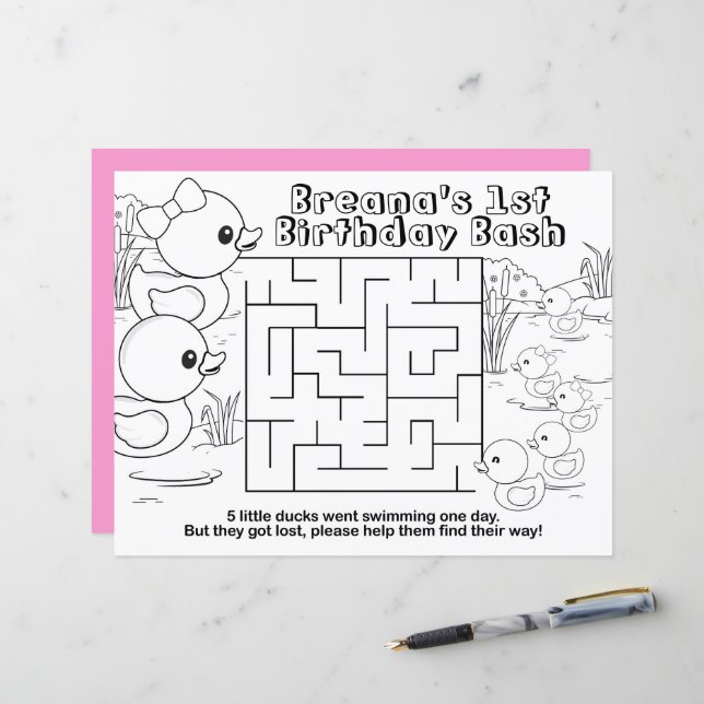 Girl Rubber Duck Birthday Maze Activity Placemats (Front/Back In Situ)