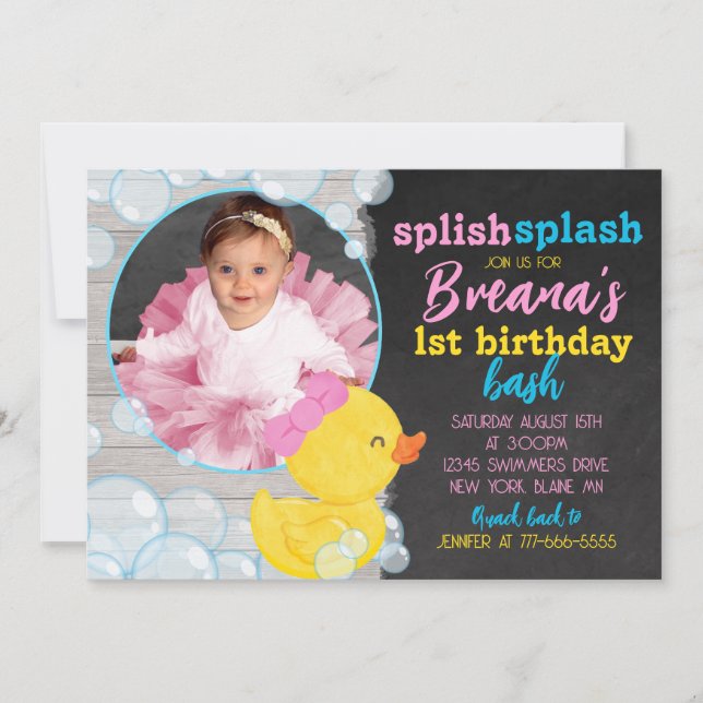 Girl Rubber Duck Chalkboard & Pink Photo Birthday Invitation (Front)