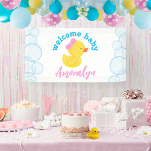 Girl Rubber Duck Welcome Baby Name Hanging Banner