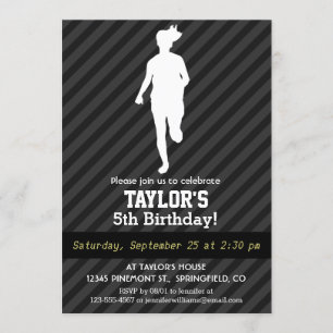 Girl Running; Black & Dark Grey Stripes Invitation