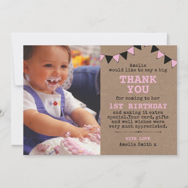 Girl rustic birthday thank you card (Front)