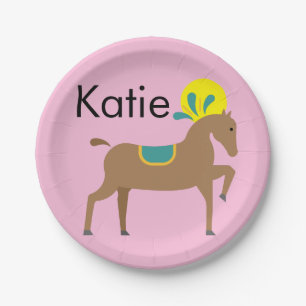 Girl’s editable cute cartoon horse paper plate