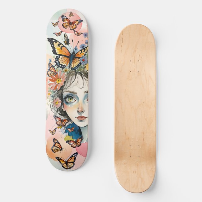 Girl’s Face with Monarch Butterflies in Pastels Skateboard (Front)