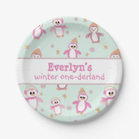 Girl’s first birthday pink winter penguin