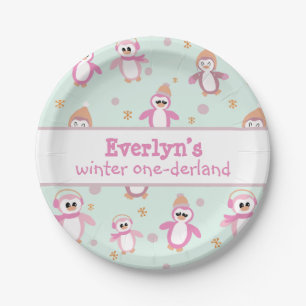 Girl’s first birthday pink winter penguin  paper plate