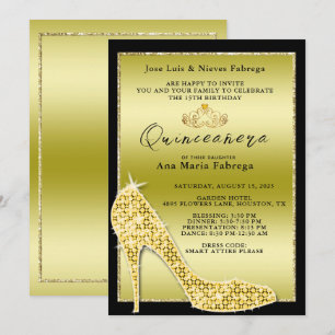 Girl´s Gold Stiletto Quinceañera Birthday Party Invitation