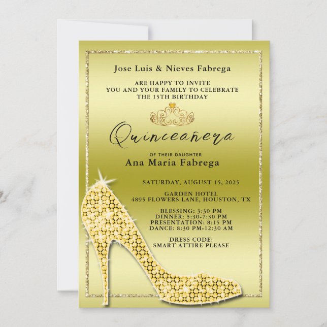 Girl´s Gold Stiletto Quinceañera Birthday Party Invitation (Front)