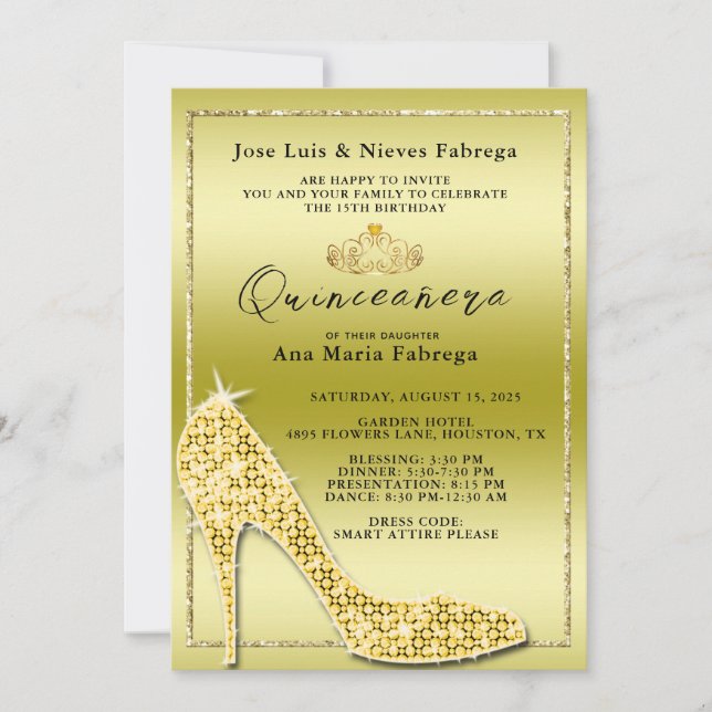Girl´s Gold Stiletto Quinceañera Birthday Party Invitation (Front)