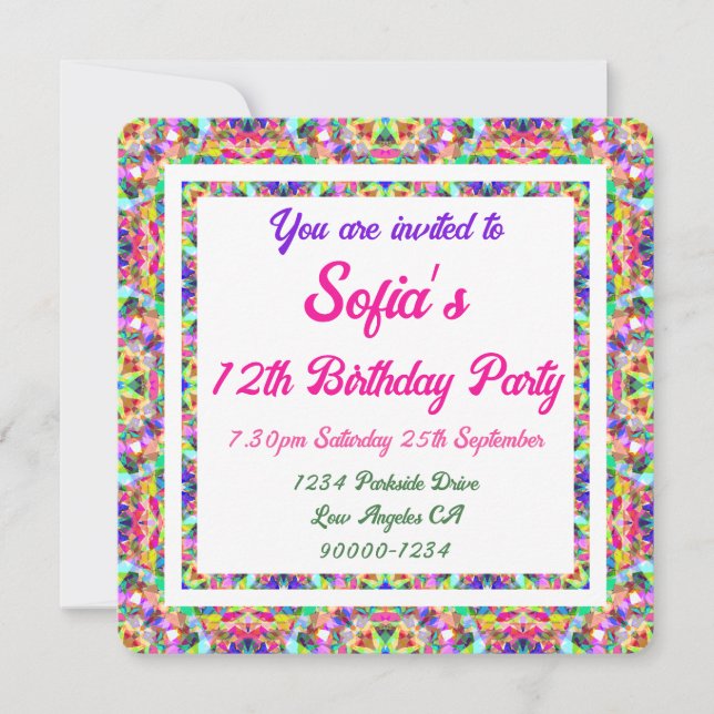 Girl’s Vibrant Summer Green Bright Purple Birthday Invitation (Front)