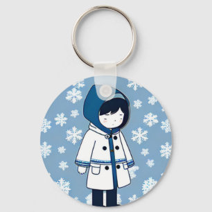 Girl sad snowflakes white blue repeating pattern key ring