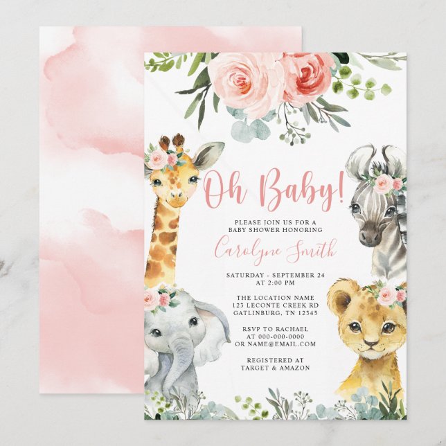 Girl Safari Animal Baby Shower Invitation Greenery (Front/Back)