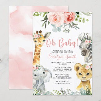 Girl Safari Animal Baby Shower Invitation Greenery