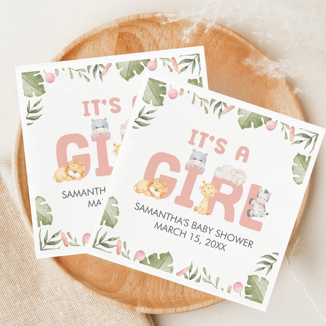 Girl Safari Animal Baby Shower  Napkin (Safari Jungle Animals Baby Shower Napkin)