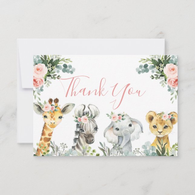 Girl Safari Animal Baby Shower Thank You Card (Front)