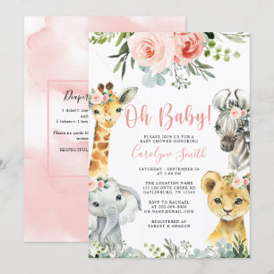 Girl Safari Animal Greenery Baby Shower Invitation