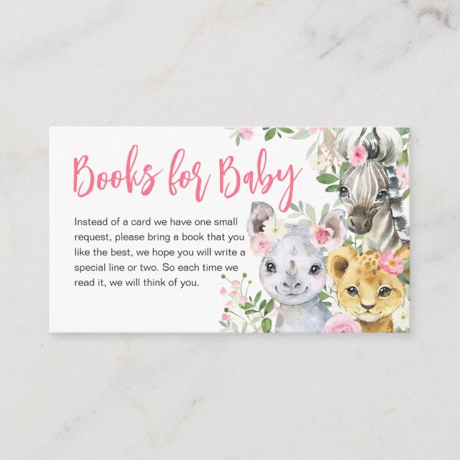 Girl Safari Animals Baby Shower Books for Baby Enclosure Card (Front)