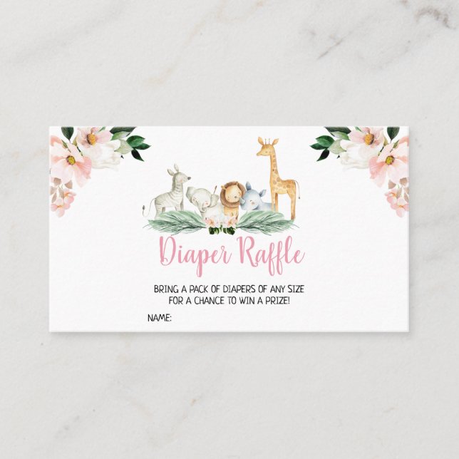 Girl Safari Animals Baby Shower Diaper Raffle Business Card (Front)
