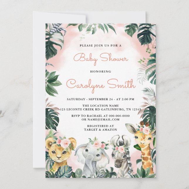 Girl Safari Animals Baby Shower Invitation (Front)