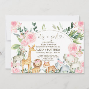 Girl safari animals baby shower invite, pink roses invitation