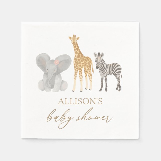 Girl Safari Animals Baby Shower Napkin (Front)