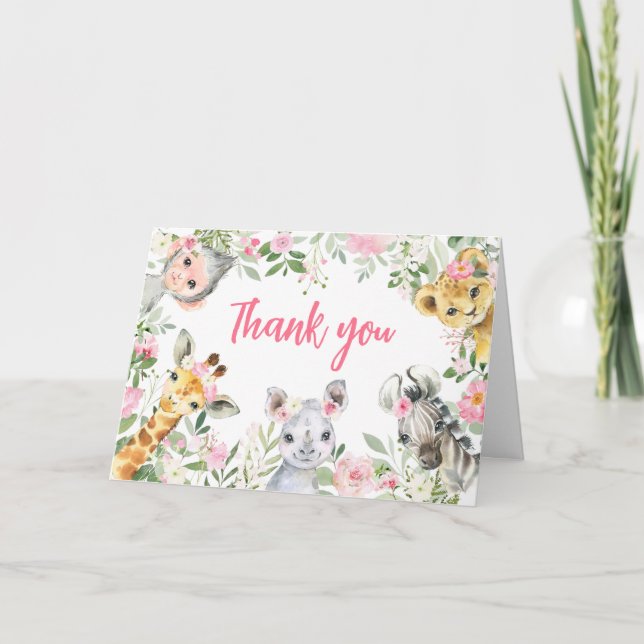 Girl Safari Animals Baby Shower  Thank You Card (Front)