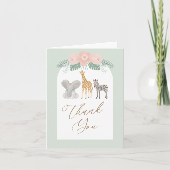 Girl Safari Animals Baby Shower Thank You Card (Front)