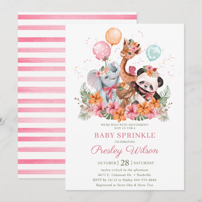 Girl Safari Animals Baby Sprinkle Invitation (Front/Back)